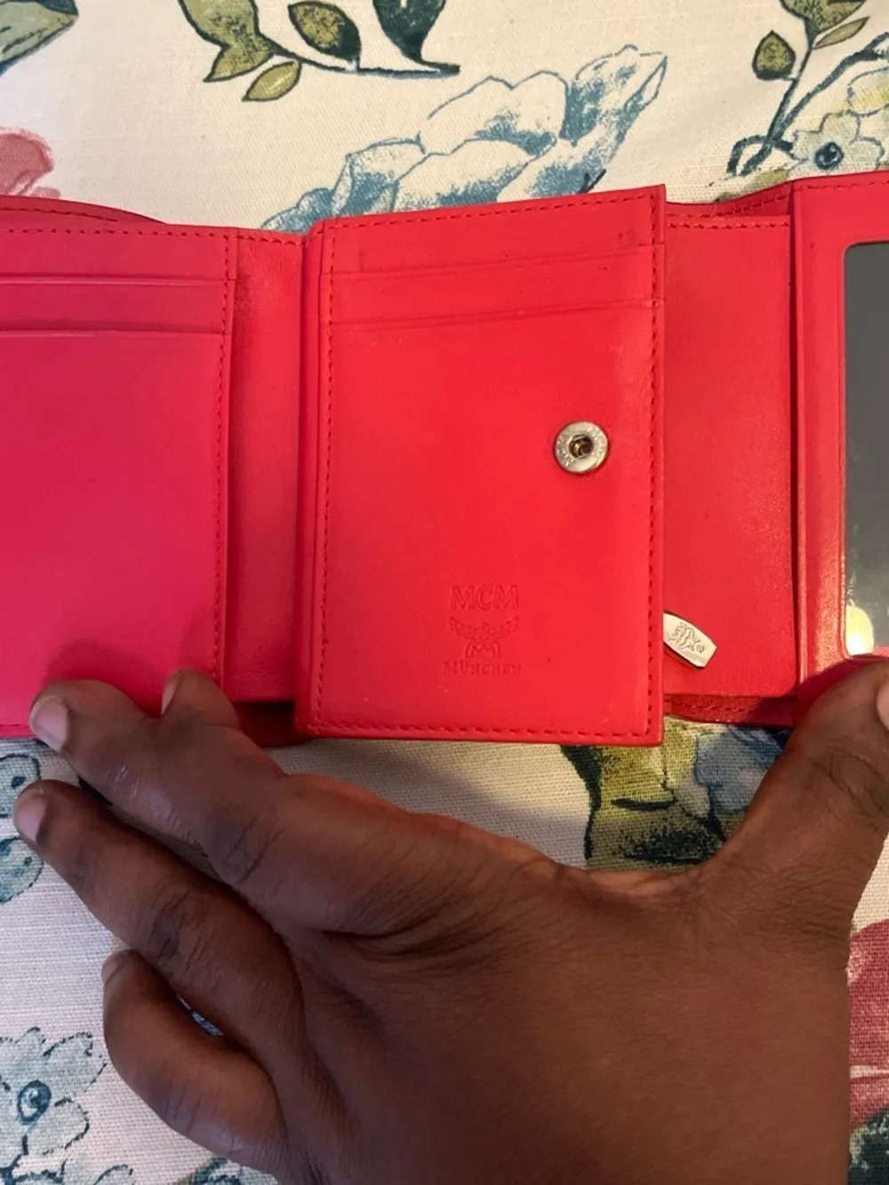 MCM Red Leather Compact Wallet with Gold Plaque